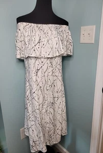 CHELSEA & THEODORE Linen Blend Dress Off The Shoulder White Black Women's L - Picture 1 of 12