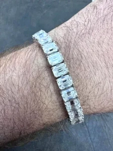 Men's 20Ct Emerald Cut Lab Created Diamond Tennis Bracelet 14K White Gold Plated - Picture 1 of 10