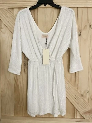 Club L London NUEVO Mini Vestido Envolvente Blanco Lentejuelas Manga Larga EE. UU. Talla 4, Reino Unido Talla 8 Foto 1 de 3