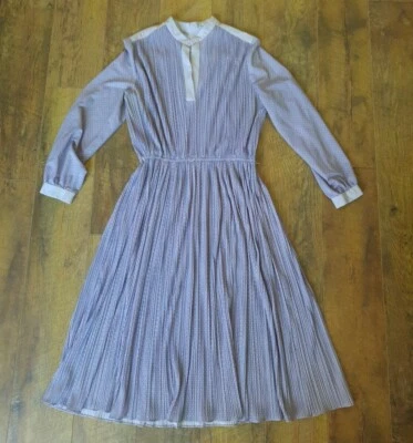 VTG 70s Hal Ferman Midi Dress Size S/M Long Sleeve Gray Pink Polka Dot Pleated - Image 1 of 4
