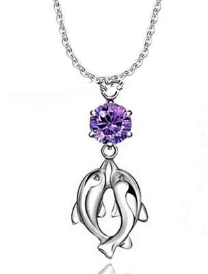 Doppel Delfin Anhänger Halskette 925 Silber plattiert Zirkon Schmuckbeutel 073 - Bild 1 von 4