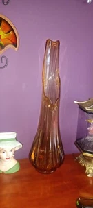 LE Smith Vintage Swung Glass Vase Amber 23” Simplicity Ribbed Clear PERFECT.. - Picture 1 of 6