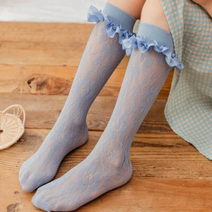 1 Pair Kids Girls Socks Lace Floral Hollow Knee High Frilly Ruffle Wedding Sweet - Picture 1 of 15
