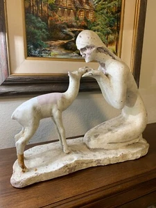 SHABBY CHIC RUSTIC PLASTER WOMAN & DEER STATUE - Picture 1 of 18