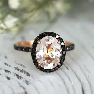 4ct Oval Morganite Black Lab-Created Moissanite Halo Ring 14k Rose Gold Plated - Picture 1 of 7