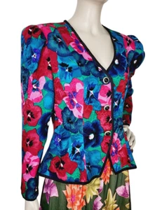 Vintage 80er Nordstom 100 % Seide Blumen bunte Puffärmel Bluse Schößchen Jacke 12P - Bild 1 von 9