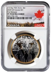 2020 $1 CANADA SILVER DOLLAR 75TH V-E VE-DAY NGC PF70 PROOF Gold Gilt PM0087 - Picture 1 of 2