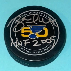 BRETT HULL Signed BLUES 50th Ann. Official GAME Puck w/ Beckett COA & HOF Inscr - Picture 1 of 4