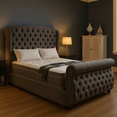 Swan Style Sleigh Divan bed With or Without Solid Ottoman Divan Gas Lift Storage - Image 1 of 3