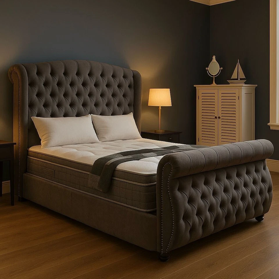 Swan Style Sleigh Divan bed With or Without Solid Ottoman Divan Gas Lift Storage - Image 1 of 3