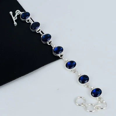 Bracciale In Gemma Zaffiro Blu Fatta A Mano In Argento Sterling 925 Per Regali - Immagine 1 di 4