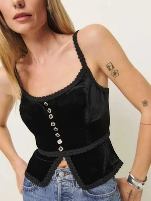 Reformation Black Velvet Minna Cami Tank Top Blouse Size 0 Sexy Cropped - Image 1 of 4