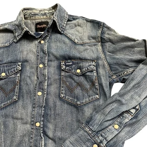 Wrangler Camicia Donna Denim Western Manica Lunga Jeans Blu Invecchiato Taglia Large - Foto 1 di 8