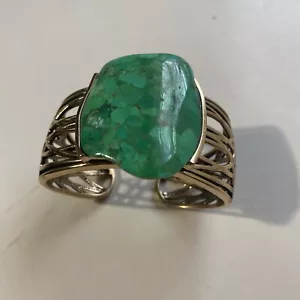 Beautiful Barse Thai Green Stone Statement Cuff Bracelet Gold Toned - Picture 1 of 11