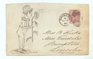 TARJETA 1880 USADA GRIMSBY CON DOS DIBUJOS A TINTA - Imagen 1 de 2