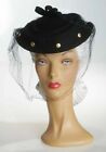 1940s Unusual Black Felt Hat with Face Veil & Double Crown with Bow & Studs.