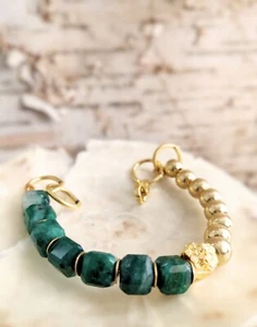 Natural Emerald Cube  Nugget & Gold Beads In Asymmetrical Half And Half Bracelet - Picture 1 of 5