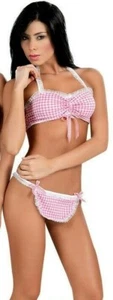 8004 Pink Checkered Bra Thong Set Bikini Dance Wear Rave Lingerie Sexy S M L - Picture 1 of 5