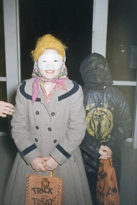 GIRL IN OLD LADY OUTFIT WITH MASK, BOY AS BLACK CAT 1950's HALLOWEEN PHOTO SLIDE - Picture 1 of 1