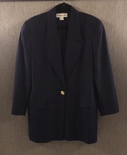 Giacca blazer classica vintage CHRISTIAN DIOR da donna blu navy bottone oro taglia 12