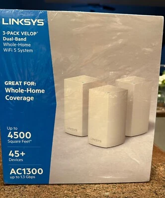 Linksys Velop AC1300 Dual-Band Mesh Wi-Fi System 3 Pack White Whole Home 4500' - Image 1 of 3