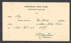 AVISO DE REUNIÓN CLASE BIBLIA DE TODOS LOS HOMBRES STATEN ISLAND DE FECHA 1956 PC STATEN ISLAND NY - Imagen 1 de 1
