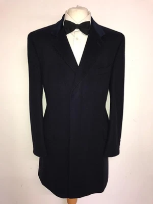 CROMBIE - Mens Long NAVY BLUE WOOL COVERT COAT - UK 42 Reg - STUNNING RED LINING - Image 1 of 4