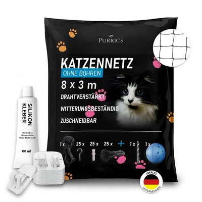 Katzennetz für Balkon OHNE BOHREN 8x3m - Drahtverstärkt mit 75 Klebehaken/Kleber - Bild 1 von 4