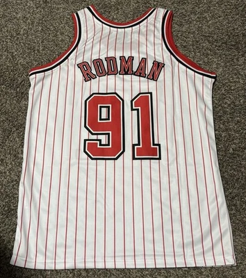 NEW Chicago Bulls Dennis Rodman Jersey Stitched Men's Medium White Pinstripe - Image 1 of 4