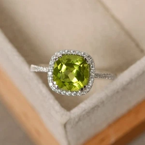2.70 Ct Cushion Natural Peridot & Diamond Anniversary Ring 14k Real White Gold - Picture 1 of 6