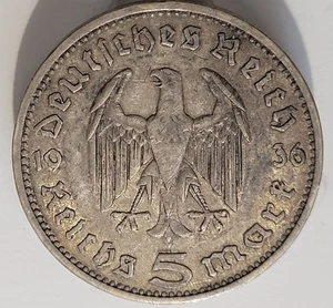 90% Silver 5 Mark Germany Coin 1936 A - Picture 1 of 2