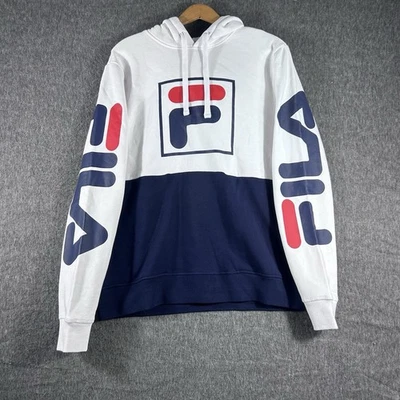 Fila Marzio Hoodie Mens White Navy Drawstring Size Small New Spell Out Pockets - Image 1 of 4