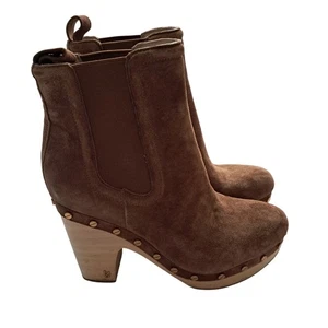 Veronica Beard Decker Suede Clog Booties Women's 7.5 Brown Wooden Heel Studded - Picture 1 of 14