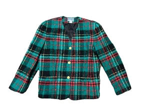 VINTAGE PENDLETON GREEN MULTI TARTAN PLAID 3 BUTTON 100% WOOL BLAZER SZ 14 USA - Picture 1 of 4