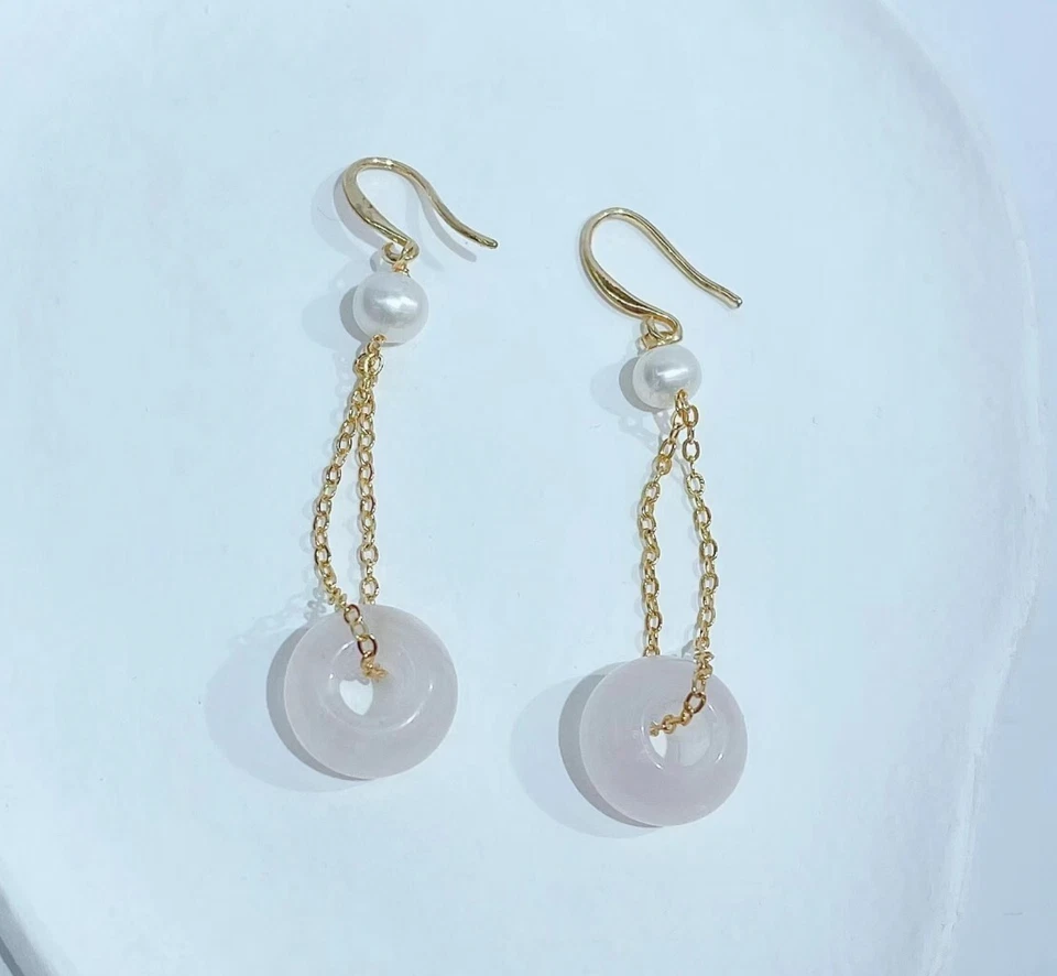 Natural Pink Jade Freshwater Pearl Dangling Drop Earrings - Dangling Barrel - Imagem 1 de 1