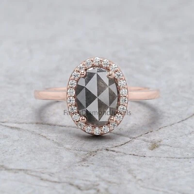 1.60 Ct Oval Cut Salt And Pepper Diamond Ring 14K Rose Gold Engagement Gift Ring - Image 1 of 4