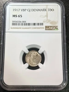 1917 VBP GJ MS65 Denmark Silver 10 Ore KM 818.1 TOP NGC GRADE! - Picture 1 of 2