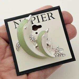 Napier Mother and Baby Dolphin Enamel Acrylic Brooch Pin Clear Rhinestone Signed - Picture 1 of 4