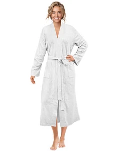 Women Soft Robe Waffle Knit Lightweight Spa Shower Bathrobe Cotton Kimono Long - Picture 1 of 34