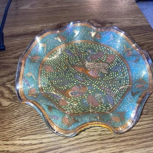 Vintage Houze Art Ruffled Glass Bowl Dish, Pheasants Birds Green and Gold 7" - Picture 1 of 7