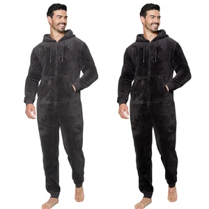 Mens Plain Thick Snugle Soft Fleece All in One Hooded Jumpsuit Pyjamas Nightwear - Picture 1 of 13