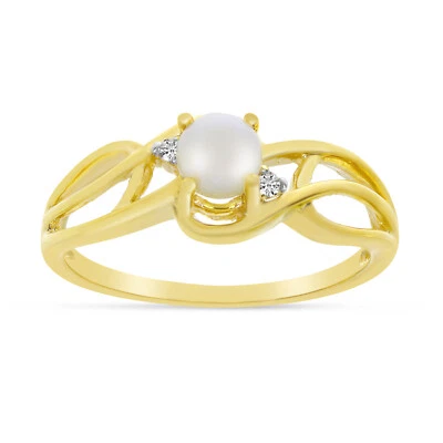 Anillo curvo de diamantes y perlas cultivadas de agua dulce de oro amarillo de 14k (talla 8) Foto 1 de 4