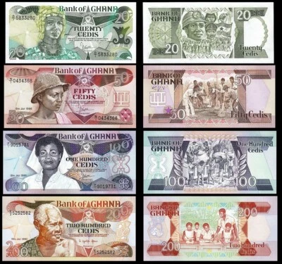 Ghana 4 Pcs Set, 20 50 100 200 Cedis 1986 1990, UNC, P-24 25 26 27 - Image 1 of 4