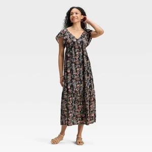 Universal Thread Neu ohne Etikett Damen Flatterärmel Maxi A-Linie Kleid schwarz Blumen S - Bild 1 von 11
