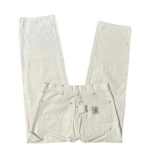 VINTAGE Carhartt Carpenter Double Knee Canvas Pants 80s USA Cream 30x31 Men RARE - Picture 1 of 13