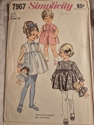 7967 Vtg Simplicity Sewing Pattern Girls '60s School Church Dress + Doll Sz 1 UC - Image 1 of 2