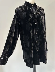 EAST Black Silver Silk Velvet Floral Rose Devore Jacket Thick Blouse Shirt UK 12 - Picture 1 of 20