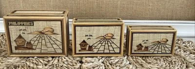 Vintage Bamboo Set Of 3 Trinket Boxes Stacking Boxes ‘Philippines” - Image 1 of 4