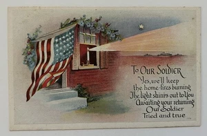 Cartolina patriottica al nostro soldato tieni i fuochi di casa bandiera ardente candela USA - Foto 1 di 2