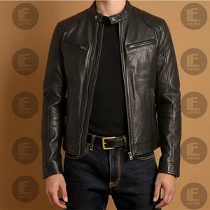 Men's Cafe Racer Motorcycle Leather Jacket Real Handmade Biker Slim Fit Coat - Picture 1 of 4